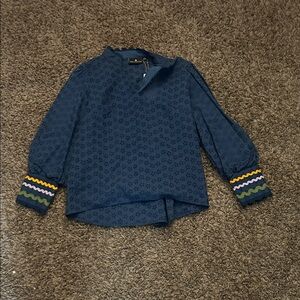 Emily Lovelock Navy Top with Multicolor Cuffs-OBO